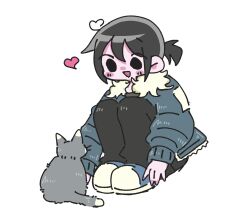 1girl :d animal black_eyes black_hair blue_footwear blue_jacket blush_stickers cat full_body fur-trimmed_jacket fur_trim hair_between_eyes happy heart highres jacket knives_chau looking_at_another open_mouth pants ponytail saiai_pink scott_pilgrim_(series) scott_pilgrim_takes_off short_hair short_ponytail sidelocks sitting smile white_background