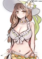 1girl bikini blush braid breasts brown_hair cleavage closed_mouth fire_emblem fire_emblem_engage fire_emblem_heroes flower flower_hat gold_sarong goldmary_(fire_emblem) goldmary_(summer)_(fire_emblem) hat hat_flower highres large_breasts long_hair looking_at_viewer navel nintendo official_alternate_costume sarong simple_background smile solo sun_hat swimsuit upper_body white_background white_bikini yellow_eyes yellow_sarong yukichi_(yukichi_rururu)