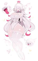 1girl bare_shoulders black_choker blindfold boo_(mario) breasts choker cleavage cuffs dress ear_piercing earrings ghost gloves highres huge_breasts jewelry long_ears long_hair luigi&#039;s_mansion mario_(series) multicolored_hair new_super_mario_bros._u_deluxe nintendo pale_skin piercing pink_hair pointy_ears princess_king_boo sharp_teeth sideboob super_crown teeth thick_thighs thighhighs thighs tongue tongue_out usa37107692 very_long_hair white_dress white_gloves white_hair white_thighhighs wide_hips zettai_ryouiki