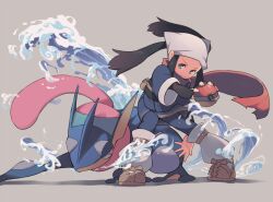 1girl akari_(pokemon) black_hair blue_eyes closed_mouth commentary_request galaxy_expedition_team_survey_corps_uniform gen_6_pokemon greninja grey_background headscarf hisuian_poke_ball holding holding_poke_ball long_hair long_sleeves looking_at_viewer nintendo poke_ball pokemon pokemon_(creature) pokemon_legends:_arceus ponytail red_scarf scarf shimazaki1152 sidelocks simple_background standing torn_clothes torn_scarf water white_headscarf