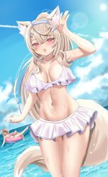 2girls absurdres alternate_costume alternate_hairstyle animal_ear_fluff animal_ears aqua_eyes aqua_hair aqua_nails arm_up bandaid bandaid_hair_ornament bare_shoulders beach bikini bikini_skirt blonde_hair blush breasts cloud cloudy_sky collarbone dog_ears dog_girl dog_tail frilled_bikini frilled_bikini_top frills fuwawa_abyssgard hair_between_eyes hair_ornament hairclip highres hololive hololive_english large_breasts long_hair looking_at_viewer mococo_abyssgard multicolored_hair multiple_girls navel one_eye_closed open_mouth parallel_hairclips pink_eyes short_hair siblings sisters sky smile stomach swim_ring swimsuit tail tracen_swimsuit twins varo_006 virtual_youtuber white_bikini
