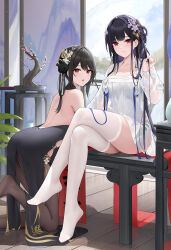 2girls absurdres azur_lane backless_dress backless_outfit black_dress black_hair black_pantyhose bonsai chen_hai_(azur_lane) chen_hai_(vestibule_of_wonders)_(azur_lane) dress hair_ornament hanfu highres indoors long_hair long_sleeves looking_at_viewer multiple_girls pantyhose qing_wu qixiong_ruqun red_eyes sitting thighhighs thighs white_dress white_thighhighs yat_sen_(azur_lane) yat_sen_(paragon_of_celestial_grace)_(azur_lane)