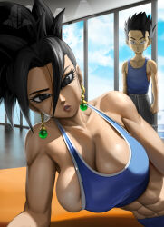 1boy 1girl abs absurdres bare_shoulders black_eyes black_hair breasts cabba day earrings elite_nappa gym hanging_breasts highres huge_breasts jewelry kefla_(dragon_ball) lips muscular muscular_female potara_earrings selfie shorts spiked_hair sports_bra sportswear window