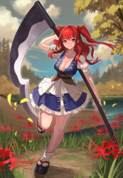 1girl absurdres blue_dress boat breasts cleavage dress flower full_body highres holding holding_scythe looking_at_viewer onozuka_komachi outdoors puffy_short_sleeves puffy_sleeves red_eyes red_hair river scythe short_sleeves smile solo spider_lily teo_(telo_ruka) touhou twintails watercraft