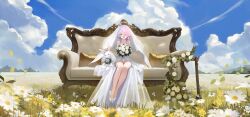 Rule 34 | 1girl, :d, absurdres, ahoge, benghuai xueyuan, blue sky, bouquet, bride, cloud, cloudy sky, couch, doll, dress, field, flower, flower field, full body, hair over one eye, high heels, highres, holding, holding bouquet, honkai (series), looking at viewer, multicolored hair, open mouth, outdoors, pink hair, purple hair, short hair, sin mal, sin mal0909, sitting, sky, smile, solo, two-tone hair, veil, wedding dress, white dress, white flower, yellow eyes