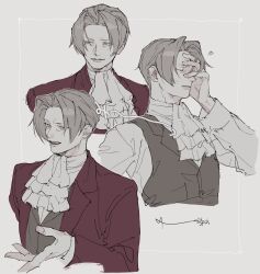 Rule 34 | 1boy, ace attorney, ascot, closed eyes, closed mouth, collared shirt, dadadadadaist, furrowed brow, grey background, grey hair, grey vest, hand on own face, highres, jacket, light smile, long sleeves, male focus, miles edgeworth, multiple views, open mouth, parted bangs, red jacket, shirt, short hair, signature, sketch, solo, suit jacket, sweatdrop, upper body, vest, waistcoat, white ascot, white shirt