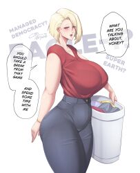 1girl absurdres arm_at_side blonde_hair bra_visible_through_clothes bracelet breasts commentary coolpsyco eagle_1_(helldivers) english_commentary english_text fourth_wall grey_pants hair_over_one_eye helldivers_(series) high-waist_pants highres holding huge_breasts jewelry laundry_basket looking_at_viewer meme open_mouth pants pink_eyes red_shirt see-through_clothes see-through_shirt shirt short_hair solo speech_bubble thick_thighs thighs waking_up_from_2020_(meme)