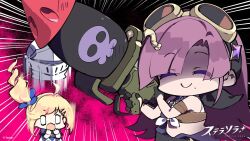 Rule 34 | 2girls, ahoge, bandeau, bare shoulders, black gloves, blank eyes, blonde hair, blunt bangs, brown bandeau, c:, colored eyelashes, commentary request, curtained hair, emphasis lines, false smile, gloves, goggles, goggles on head, helmet, highres, mole, mole under mouth, multiple girls, neuvira (stella sora), official art, pink background, purple hair, rocket launcher, rpg (weapon), shaded face, side ponytail, sidelocks, smile, solo focus, stella sora, weapon