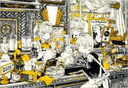 3girls apron bandaid_on_ear black_dress bow bowtie brick_wall clock cup dress frilled_apron frills hair_ornament hairclip highres holding indoors kitamurashu long_hair long_sleeves maid maid_apron maid_headdress monochrome multiple_girls open_mouth original parted_lips plate short_hair speaker spot_color traditional_media white_apron white_hair window yellow_bow yellow_bowtie yellow_eyes yellow_nails