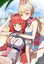 2girls :t absurdres alice_thymefield alice_thymefield_(sea_of_thyme) animal_ears arm_support bare_shoulders blonde_hair blush braid breasts cleavage closed_mouth ekaki_hagoromo facial_mark green_eyes hairband heart heart-shaped_eyewear heterochromia highres hug hug_from_behind kneeling large_breasts long_braid long_hair looking_at_viewer low_twintails multiple_girls official_alternate_costume one-piece_swimsuit pink_one-piece_swimsuit pleated_skirt pout puffy_cheeks red_eyes red_hair sitting skirt smile smug sphere_hair_ornament swimsuit twintails two-tone_one-piece_swimsuit ukinami_yuzuha ukinami_yuzuha_(tanuki_in_broad_daylight) v-shaped_eyebrows very_long_hair white_hairband white_skirt yellow_eyes zenless_zone_zero