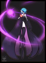 1girl absurdres alternate_color black_background black_dress black_gloves black_thighhighs blue_hair bob_cut breasts colored_skin dress elbow_gloves gardevoir gen_3_pokemon gloves hair_over_one_eye highres mega_gardevoir mega_pokemon nintendo orange_eyes pokemon pokemon_(creature) shadow_ball_(pokemon) shiny_pokemon side_slit signature spectraldrawfox thighhighs white_skin