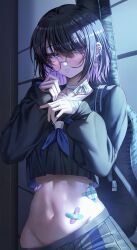1girl absurdres bandaid black_hair black_serafuku black_shirt black_skirt blue_eyes choker colored_inner_hair crop_top crop_top_overhang glasses hands_up highres long_sleeves looking_at_viewer midriff multicolored_hair navel neckerchief nompang open_mouth original pleated_skirt ribbon_choker round_eyewear sailor_collar school_uniform serafuku shirt short_hair skirt solo stomach upper_body white_choker