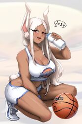 1girl animal_ears artist_name ball bare_shoulders basketball_(object) basketball_uniform between_legs blue_trim boku_no_hero_academia bottle breasts burnt_green_tea cleavage clothes_writing clothing_cutout collarbone commentary cosplay dark-skinned_female dark_skin english_commentary female_focus hand_between_legs highres holding holding_bottle large_breasts lola_bunny lola_bunny_(cosplay) long_eyelashes long_hair looking_at_viewer midriff mirko navel on_one_knee open_mouth parted_bangs rabbit_ears rabbit_girl rabbit_tail red_eyes short_shorts shorts smile solo space_jam speech_bubble sportswear tail tail_through_clothes tank_top teeth thick_thighs thighs tiptoes toned toned_female tongue tongue_out trait_connection upper_teeth_only very_long_hair water_bottle white_footwear white_hair white_shorts white_tank_top