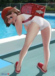 1girl ass backpack bag bare_arms bare_legs bare_shoulders bent_over blush breasts brown_eyes brown_hair child commentary_request crocs from_behind full_body hat highres kneepits legs looking_at_viewer looking_back mu-pyon one-piece_swimsuit open_mouth original outdoors pool randoseru red_shoes shoes short_hair small_breasts solo swimsuit twitter_username white_one-piece_swimsuit