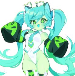 1girl :3 alien alienposting_(meme) antennae aqua_hair bare_shoulders colored_skin commentary detached_sleeves glorpi_miku_(dyarikku) green_eyes green_skin hatsune_miku highres leotard long_hair looking_at_viewer melodream meme simple_background skindentation sleeves_past_fingers sleeves_past_wrists solo thighs twintails vocaloid white_background white_leotard
