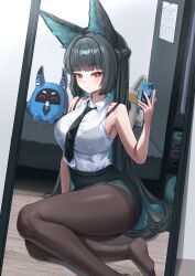 1girl absurdres animal_ear_fluff animal_ears bedroom black_bra black_hair black_necktie black_pantyhose black_skirt blunt_bangs blush bra bra_visible_through_clothes breasts cellphone commentary_request fox_ears fox_girl high-waist_skirt highres holding holding_phone hoshimi_miyabi indoors korean_commentary large_breasts looking_at_viewer mirror_selfie necktie no_shoes pantyhose pencil_skirt phone rang_g_c red_eyes selfie shirt sitting skirt sleeveless sleeveless_shirt smartphone solo thighs underwear white_shirt yokozuwari zenless_zone_zero