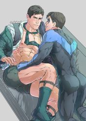 2boys abs artist_name ass bara batman_(series) black_bodysuit black_hair black_jacket black_male_underwear black_vest blue_bodysuit blush bodysuit boxer_briefs bruce_wayne closed_mouth couch dc_comics dick_grayson domino_mask evinist father_and_son hand_on_another&#039;s_face highres incest jacket large_pectorals looking_at_another lying male_focus male_underwear mask multiple_boys muscular muscular_male navel necktie nightwing no_pants on_back on_couch open_clothes open_jacket open_shirt open_vest pectorals shirt short_hair smile legwear_garter taut_bodysuit taut_clothes thick_thighs thighs two-tone_bodysuit underwear vest white_shirt yaoi