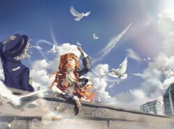 2girls :o absurdres aircraft airplane arm_up bird black_coat black_hat blue_sky boater_hat building checkered_hairband cloud cloudy_sky coat collared_dress contrail day dove dress facing_another facing_away green_eyes grey_hair grey_sleeves hairband hand_on_headwear hand_up hat high_collar highres lens_flare long_hair looking_up luojia_ying multiple_girls orange_hair outdoors reverse:1999 short_hair sky sonetto_(reverse:1999) upper_body vertin_(reverse:1999) white_bird white_dress