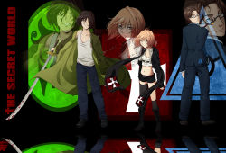 1girl 2boys belt blood blue_eyes blue_suit boots brown_hair cross denim dragon formal_clothes full_body funcom glasses grey_eyes hair_slicked_back haori highres hooded_scarf jacket japanese_clothes jeans katana long_sword marka13 midriff multiple_boys necktie pants pink_hair ponytail scarf self-upload shorts standing suit sword tank_top templar the_secret_world thighhighs three_piece_suit weapon