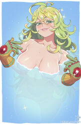 1girl boku_no_hero_academia breasts deku&#039;s_photo_of_hagakure_toru gloves green_gloves green_hair hagakure_toru highres kajin_(kajinman) large_breasts looking_at_viewer messy_hair nude pink_streaks pointing pointing_at_self solo two-tone_gloves unusually_visible watermark web_address