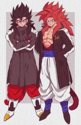 2boys bare_pectorals biceps black_legwear body_fur coat crossed_arms dragon_ball dragon_ball_gt dragon_ball_heroes earrings frown fusion fusion_dance gloves gogeta hands_in_pockets highres jewelry looking_at_viewer male_focus monkey_boy monkey_tail multiple_boys muscular no_nipples pants pectorals potara_earrings red_fur red_pants relio_db318 spiked_hair super_saiyan super_saiyan_4 tail vegetto vegetto_(xeno) white_gloves white_legwear white_pants