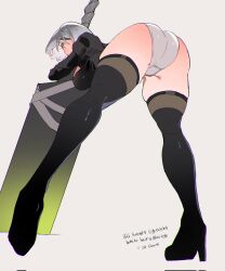 1girl 2b_(nier:automata) 2b_(nier:automata)_(cosplay) ass ass_focus back_cutout bent_over black_blindfold black_dress black_thighhighs blindfold blue_eyes boots breasts clothing_cutout cosplay dress faust_(project_moon) highleg highleg_leotard highres holding holding_sword holding_weapon huge_weapon juliet_sleeves leotard limbus_company long_sleeves looking_at_viewer looking_back nier:automata nier_(series) project_moon puffy_sleeves short_hair solo sword thighhighs thighhighs_under_boots weapon white_background white_hair white_leotard yongsadragon