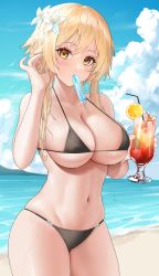 1girl absurdres alternate_breast_size beach bikini black_bikini blonde_hair blue_sky breasts cleavage cloud cup day flower food food_in_mouth fruit genshin_impact hair_between_eyes hair_flower hair_ornament highres holding holding_cup hyouuma large_breasts long_hair lumine_(genshin_impact) navel ocean orange_(fruit) orange_slice outdoors popsicle popsicle_in_mouth sideboob sidelocks sky solo stomach strawberry swimsuit thighs underboob wet yellow_eyes