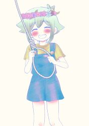 1boy :d ^_^ antenna_hair basil_(headspace)_(omori) basil_(omori) blue_flower blue_overalls blush buttons closed_eyes colored_skin commentary double-parted_bangs facing_viewer feet_out_of_frame flipped_hair flower flower_wreath green_hair hair_between_eyes head_wreath holding holding_rope leaf male_focus noose number-only_commentary omori open_mouth overall_shorts overalls pink_flower pink_rose pokoponpen red_flower red_rose rope rose shirt short_hair short_sleeves simple_background smile solo standing straight-on symbol-only_commentary teeth upper_teeth_only white_background white_skin yellow_shirt
