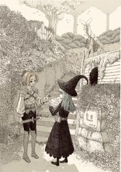 2girls absurdres armor belt blonde_hair boots bug butterfly crosshatching dress fantasy grass green_hair greyscale hat hatching_(texture) highres holding holding_map holding_sword holding_weapon index_finger_raised insect knee_boots long_hair map monochrome multiple_girls nature nigirizusi1 original pale_color pants scenery sheath sheathed short_hair shoulder_armor spot_color stairs standing sword traditional_media tree weapon witch witch_hat