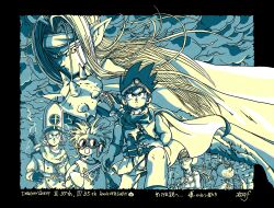 1girl 5boys ancestor_and_descendant anniversary armor binoculars black_border blunt_ends border breasts cape castle chest_hair cleavage clift cloud cloudy_sky coat daisy_(dq) dragon_quest dragon_quest_ii dragon_quest_iii dragon_quest_iv dragon_quest_viii dragon_quest_yuusha_abel_densetsu facial_hair fake_horns floating_cape floating_clothes floating_hair forehead_protector fur_cape fur_vest gloves goggles greyscale hat headband helmet hero_(dq3) highres holding holding_binoculars holding_sword holding_weapon horned_helmet horns in-franchise_crossover long_hair looking_back looking_to_the_side looking_up mitre monochrome multiple_boys on_one_knee open_mouth overcoat parted_hair pauldrons pisaro plump pointy_ears prince_of_samantoria rapier roto&#039;s_emblem roto_(dq3) short_hair shoulder_armor signature single_pauldron sky slime_(dragon_quest) spiked_hair spiked_hat spiked_pauldrons stubble sword sword_on_back tabard tcgf_04 toriyama_akira_(style) translation_request tunic weapon weapon_on_back yangus