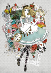 ace_(playing_card) ace_of_hearts ace_of_spades alice_(alice_in_wonderland) alice_in_wonderland blue_dress blue_eyes bow brown_hair bug butterfly card caterpillar_(alice_in_wonderland) cheshire_cat_(alice_in_wonderland) crack cracked_glass crown cup dress flower hat heart hiwako_(liquid) hookah insect jewelry long_hair mary_janes monarch_butterfly mushroom necklace open_mouth pale_skin pantyhose pearl_necklace picture_frame playing_card pocket_watch red_flower red_rose rose shoes spade_(shape) teacup teapot top_hat tulip watch
