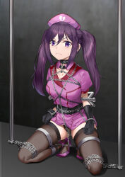 1girl 463_jun absurdres bdsm belt black_gloves black_panties black_thighhighs bondage bound bound_arms bound_legs breasts chain detached_collar dress frogtie gloves hat high_heels highres kneeling kouzaku_mitori long_hair looking_at_viewer panties pink_dress purple_eyes purple_hair restrained shibari shibari_over_clothes sidelocks sitting skindentation small_breasts spread_legs thighhighs toaru_kagaku_no_railgun toaru_majutsu_no_index twintails underwear