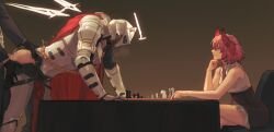 1girl 2boys anal arknights armor bent_over black_gloves black_skirt chessboard detached_wings doctor_(arknights) energy_wings fiammetta_(arknights) full_armor gloves halo head_wings helmet high-waist_skirt highres long_sleeves male_doctor_(arknights) multiple_boys qhsg3 red_hair sankta_miksaparato_(arknights) sex shirt skirt sleeveless sleeveless_shirt white_halo white_shirt wings yaoi