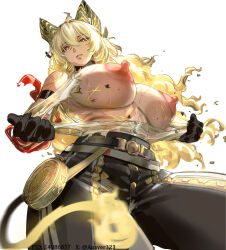 1girl absurdres agaver123 arm_strap black_gloves black_horns black_pants blonde_hair breasts bright_pupils chinese_commentary commentary_request curled_horns gloves hair_between_eyes high-waist_pants highres horns large_areolae large_breasts long_hair looking_at_viewer nipples pants parted_lips red_eyes shirt simple_background solo tearing_clothes torn_clothes torn_shirt very_long_hair white_background white_pupils white_shirt wuthering_waves zani_(wuthering_waves)