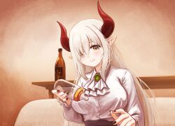 Rule 34 | 1girl, absurdres, alcohol, ascot, baby bottle, black nails, bottle, breasts, brown background, closed mouth, collared shirt, commentary, demon girl, demon horns, dress shirt, emma august, emma august (adult), eyeharmheart, gem, glass bottle, green gemstone, hair over one eye, highres, holding, holding bottle, horns, indoors, large breasts, light blush, lips, long hair, long sleeves, looking at viewer, nail polish, nijisanji, pointy ears, red horns, shirt, shirt tucked in, smile, solo, star (symbol), star in eye, symbol in eye, table, upper body, very long hair, virtual youtuber, white ascot, white hair, white shirt, wooden table, yellow eyes