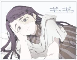 1girl ado_(utaite) black_eyes black_hair border closed_mouth commentary_request gira-gira-chan_(ado) gira_gira head_rest long_hair looking_at_viewer ohiyaglass shirt solo song_name white_border white_shirt