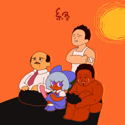 1girl 3boys absurdres anal_assassin_glove annyui_(cookie) balding black_eyes black_hair blue_bow blue_dress blue_hair blue_shoes bow cirno closed_eyes closed_mouth collared_shirt commentary_request cookie_(touhou) dark-skinned_female dark-skinned_male dark_skin dildo dress facial_hair full_body hair_bow highres holding holding_sex_toy hot manatsu_no_yo_no_inmu muimui_(4242564muimui) multiple_boys mustache necktie orange_background purple_eyes red_necktie sex_toy shirt shoes short_hair simple_background sitting sun takeda_shingen_(inmu) tank_top topless_male white_shirt white_tank_top yuusaku_(inmu)