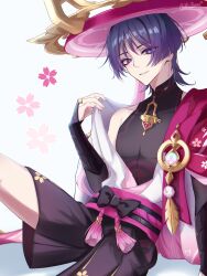Rule 34 | 1boy, absurdres, alternate color, anemo symbol (genshin impact), arm at side, armor, armpit crease, belt, bishounen, black belt, black bodysuit, black bow, black bridal gauntlets, black eyes, black hair, black shorts, blue gemstone, blunt ends, bodysuit, bow, bridal gauntlets, bright pupils, cape, collar tug, covered collarbone, eyeliner, eyeshadow, feathers, fingernails, floral print cape, gem, genshin impact, gold, gold ring, hakama, hakama shorts, hand up, hat, heart, highres, hip vent, japanese armor, japanese clothes, jingasa, juban, kimono, kote, kurokote, looking at viewer, makeup, male focus, mandarin collar, middle ring, nicbuns, open clothes, open kimono, parted lips, pink cape, pink gemstone, pink hat, pink kimono, pink rope, pink sash, pink theme, pleated shorts, pom pom (clothes), red eyeliner, red eyeshadow, rope, sash, scaramouche (genshin impact), shorts, shoulder peek, smile, solo, tassel, tsurime, twitter username, vision (genshin impact), wanderer (genshin impact), white kimono, white mouth, white pupils, white trim, wispy bangs, yellow feathers