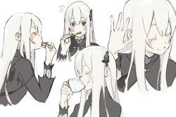 absurdres blush butterfly_hair_ornament closed_eyes closed_mouth colored_eyelashes cropped_shoulders cup drinking echidna_(re:zero) eyelashes facing_to_the_side from_side hair_ornament hand_to_head highres holding holding_cup kakeami listening multiple_views purple_eyes re:zero_kara_hajimeru_isekai_seikatsu smile surprised teacup thick_eyelashes turning_head upper_body white_background white_eyelashes white_hair
