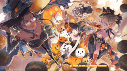 Rule 34 | 3girls, area (arika), arika, blonde hair, book, breasts, broom, broom riding, candy, character request, cleavage, dress, elbow gloves, food, glasses, gloves, halloween, halloween costume, hat, highres, jack-o&#039;-lantern, long hair, medium breasts, multiple girls, official art, official wallpaper, open mouth, pantyhose, pumpkin, skirt, striped clothes, striped pantyhose, witch, witch hat
