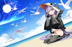 1girl animal_costume animal_hood beach bikini bikini_bottom_only bird black_bikini black_jacket blue_choker blue_eyes blue_sky choker cloud day fate/grand_order fate_(series) female_focus hood hood_up jacket licking_lips long_hair long_sleeves meltryllis meltryllis_(fate) meltryllis_(swimsuit_lancer)_(fate) meltryllis_(swimsuit_lancer)_(first_ascension)_(fate) ocean outdoors penguin_costume penguin_hood prosthesis prosthetic_leg purple_hair sand seiza sitting sky sleeves_past_fingers sleeves_past_wrists solo swan swimsuit tongue tongue_out very_long_hair yuge_(yuge_bakuhatsu)