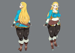 Rule 34 | 1girl, absurdres, ass, blonde hair, breasts, elf, female focus, green eyes, highres, huge ass, ikataishogun (king squid), large breasts, multiple views, nintendo, pointy ears, princess zelda, smile, the legend of zelda, the legend of zelda: breath of the wild