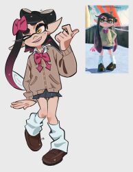 Rule 34 | 1girl, black hair, blue skirt, bow, bow-shaped hair, brown shoes, brown sweater, calamarimunchee, callie (splatoon), commentary, english commentary, game screenshot inset, gradient hair, hair bow, highres, inkling, leg warmers, long hair, mole, mole under eye, multicolored hair, multiple views, nintendo, one eye closed, open mouth, pink bow, pink hair, pleated skirt, shoes, skirt, sleeves past wrists, smile, splatoon (series), splatoon 3, star-shaped pupils, star (symbol), sweater, symbol-shaped pupils, tentacle hair, thick eyebrows, two-tone hair, white background, yellow eyes