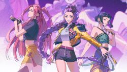 3girls absurdres black_gloves black_hair black_shirt black_shorts blue_shirt bracelet braid brown_eyes commentary crop_top earrings fingerless_gloves gloves hair_bun halterneck hashtag-only_commentary highres jacket jewelry kaohom503_2 kpop_demon_hunters long_hair midriff mira_(kpop_demon_hunters) multiple_girls necklace pink_hair rumi_(kpop_demon_hunters) shirt shorts single_braid skirt tassel turtleneck turtleneck_shirt two_side_up very_long_hair white_shirt yellow_jacket yellow_skirt zoey_(kpop_demon_hunter) zoom_layer