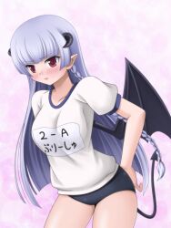 Rule 34 | 1girl, bat wings, blush, braid, breasts, buruma, character name, demon tail, embarrassed, emil chronicle online, gym uniform, horns, large breasts, long hair, pulish (eco), red eyes, tail, takanashi tsukasa, white hair, wings