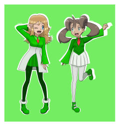 2girls ahoge alternate_costume ankle_boots aqua_eyes arm_at_side blonde_hair blue_eyes boots breasts brown_hair clenched_hand collared_shirt crease dark-skinned_female dark_skin eyelashes fankifalu feet_up female_focus friends full_body gallade_(cosplay) gardevoir_(cosplay) gesture green_background green_theme hair_between_eyes happy height_difference highres long_hair looking_at_another miniskirt multiple_girls necktie nintendo one_eye_closed pantyhose pigeon-toed pleated_skirt pokemon pokemon_xy quad_tails scan serena_(pokemon) shauna_(pokemon) shirt sidelocks skirt sleeves_past_wrists small_breasts smile standing standing_on_one_leg wink