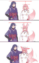 2girls absurdres afterimage animal_ear_fluff animal_ears ankie_(ankys_) artist_name blush comic confused crossed_arms ears_down ears_up fox_ears fox_girl fox_tail genshin_impact hand_on_another&#039;s_head hand_on_own_hip headpat height_chart height_conscious height_difference height_envy highres japanese_clothes kimono long_hair long_sleeves looking_at_another mole mole_under_eye multiple_girls obi pet pink_hair purple_eyes purple_hair raiden_shogun sash scratching_head size_difference sparkle tail tail_wagging tall_female very_long_hair wide_sleeves yae_miko