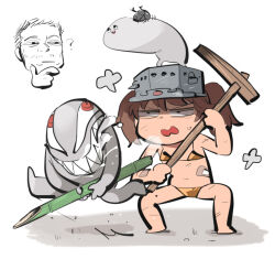 1girl ? bamboo_spear bandaid_on_stomach bikini black_eyes brown_hair character_request chibi chibi_inset constricted_pupils copyright_request creature_on_head drooling elon_musk flat_chest full_body gold_bikini golden_week hand_on_own_chin heavy_breathing hoe holding holding_hoe holding_polearm holding_weapon kantai_collection medium_hair open_mouth polearm real_life red_eyes rhinoceros_beetle running ryuujou_(kancolle) scratches shikigami short_hair simple_background squatting stroking_own_chin swimsuit tirarizun twintails v-shaped_eyebrows very_short_hair visor_cap weapon white_background