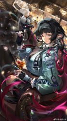 1girl absurdres aqua_eyes bar_(place) black_bra black_gloves black_hair black_shorts black_thighhighs blue_jacket blunt_bangs bottle bra breasts chair chandelier cherry chinese_commentary cleavage closed_mouth cocktail_glass colored_inner_hair commentary_request cup drinking_glass drinking_straw dutch_angle eyelashes feet_out_of_frame fingerless_gloves food fruit fur-trimmed_sleeves fur_trim gloves hair_between_eyes hair_intakes happy highres indoors jacket jane_doe_(zenless_zone_zero) large_breasts light_particles lipstick long_hair long_sleeves looking_at_viewer makeup martini midriff motion_lines multicolored_hair nail_polish on_table one_eye_closed pink_hair pink_lips pink_nails pointy_ears puffy_long_sleeves puffy_sleeves robot short_shorts shorts sitting smile solo table thighhighs torn_clothes torn_thighhighs underwear very_long_hair watermark weibo_watermark wine_bottle ye_dian_pikaqiu zenless_zone_zero