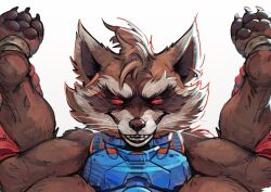 1boy animal_ears barefoot claws colored_sclera commentary cropped english_commentary fangs furry furry_male guardians_of_the_galaxy legs_up looking_at_viewer male_focus marvel marvel_cinematic_universe marvel_rivals pawpads raccoon_boy raccoon_ears red_eyes red_sclera rocket_raccoon sinibunnn smile whiskers white_background
